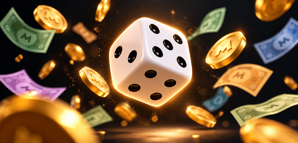 Floating golden jackpot dice — the moment before every roll